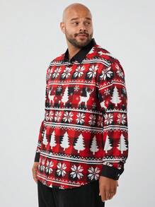 Manfinity VCAY Plus Size Men's Woven Long Sleeve Funny Reindeer & Christmas Tree Print Button Graphic Colorful Shirt, For Vacation - Multicolor - View 1