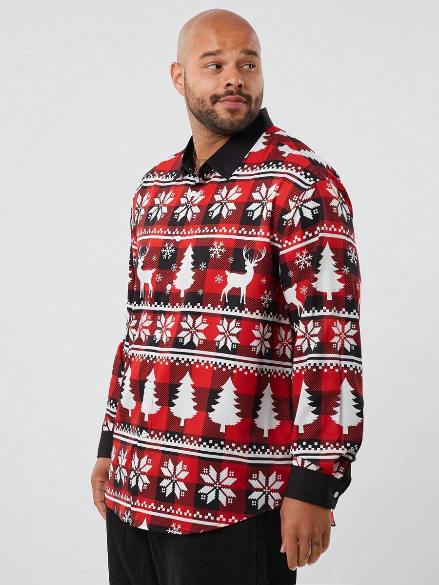Manfinity VCAY Plus Size Men's Woven Long Sleeve Funny Reindeer & Christmas Tree Print Button Graphic Colorful Shirt, For Vacation - Multicolor - View 1