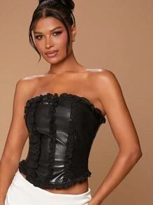 Hauture 纯色仿皮 PU 荷叶边细节抹胸 - 黑色 - 查看 1