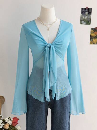 Soleia 女士度假网眼 V 领系带袖长衬衫