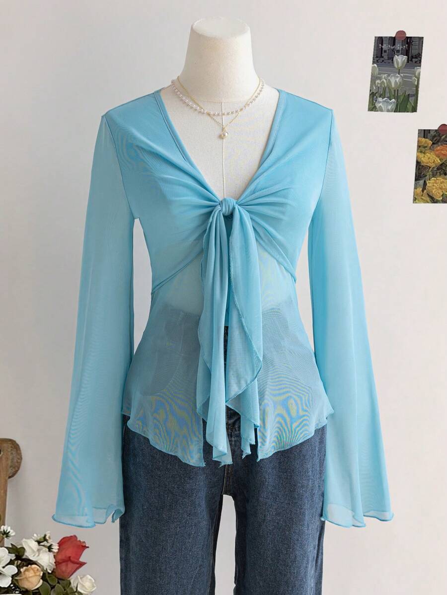 Soleia Women's Vacation Netted V-Neck Tie Sleeve Long Blouse - Baby Blue - View 1