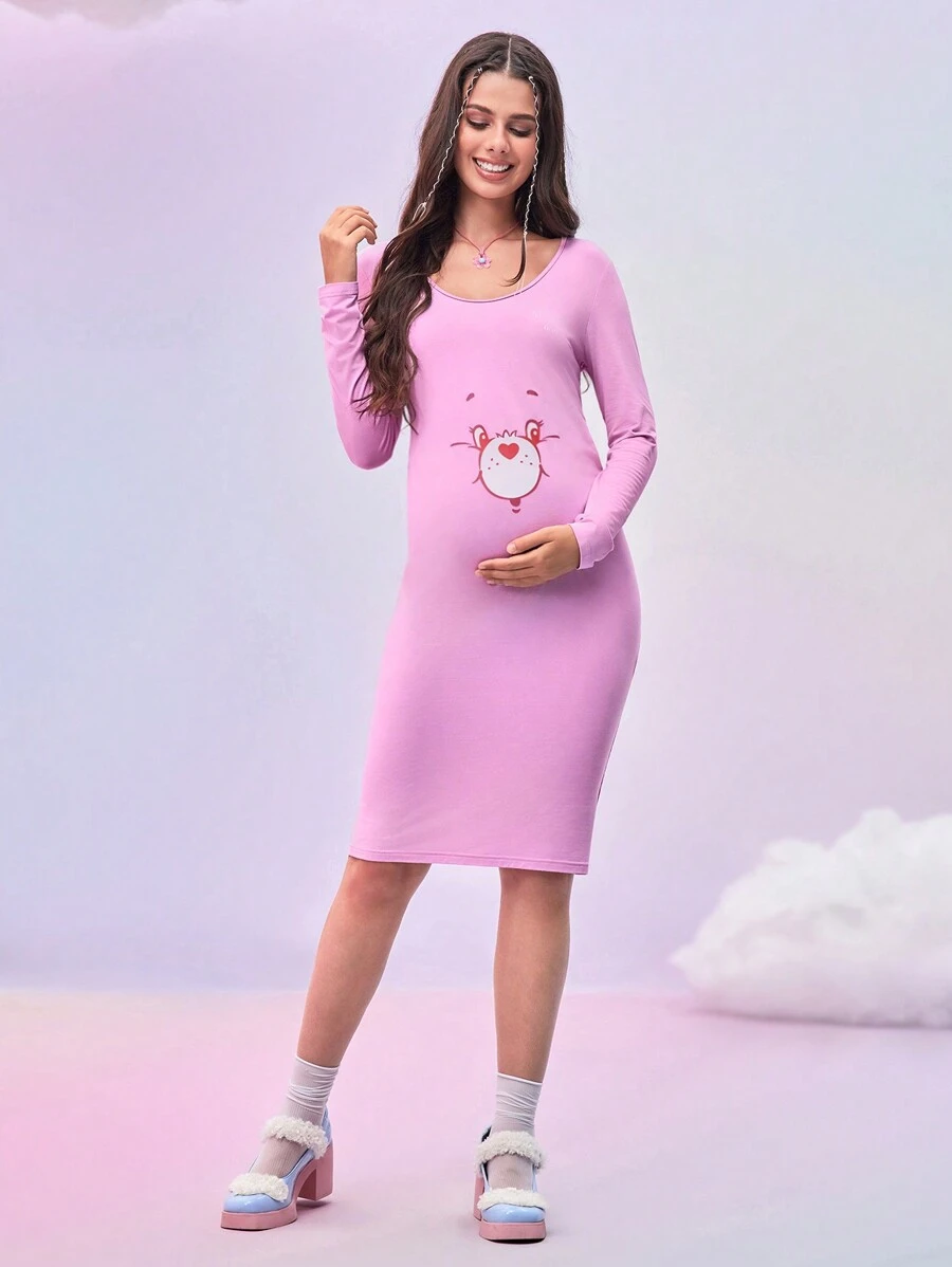 SHEIN 孕妇圆领长袖粉色小熊印花紧身连衣裙 - 粉色 - 查看 1