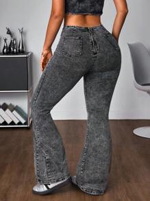 SHEIN ICON Women's Denim Flared Jeans With Eyelet & Criss-Cross Strap Details