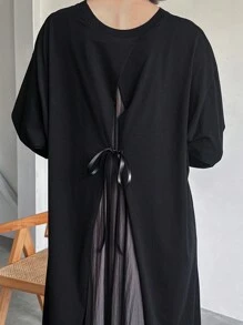 FRIFUL 女式宽松后背系带蝙蝠袖长袖连衣裙，春夏 - 黑色 - 查看 2