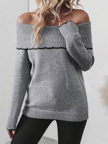 SHEIN LUNE Women's Black Off Shoulder Trim Knit Pullover Knit Pullover Fall Winter Outfit
