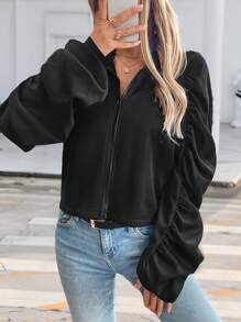 Chiquease Women's Casual Fashion Ruched Stand Collar Zipper Jacket Fall Cloth For Women - Black - View 6