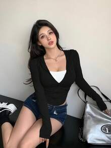 DAZY 女士修身连帽长袖 T 恤，休闲日常穿着运动衫 - 黑色 - 查看 2