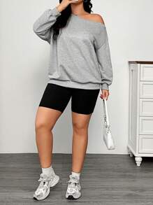 SHEIN EZwear Plus Size Open Shoulder Loose Gray Pullover Sweatshirt For Early Autumn Winter Fall - Dark Grey - View 3