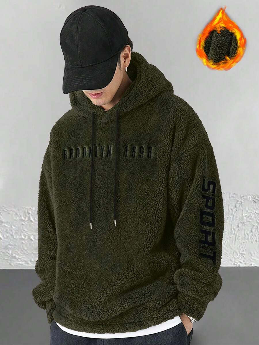 Manfinity Homme Loose Men's Letter Embroidered Drawstring Hooded Sweatshirt With Drop Shoulder - Dark Green - View 1