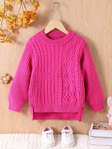 SHEIN 年轻女孩和年轻女孩不对称下摆罗纹针织毛衣，优雅可爱的粗针织设计，高品质休闲保暖套头衫，适合玩耍、日常穿着、上学、秋冬季