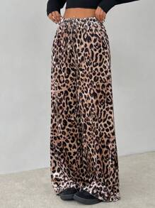 SHEIN PETITE Pantalones de pierna ancha de terciopelo con estampado de leopardo, adecuados para otoño e invierno