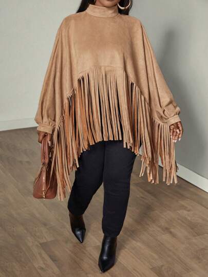 Zolique 纯色立领流苏装饰不对称下摆长袖夹克