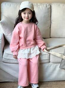DAZY 2pcs Young Girl Crew Neck Knit Lace Patchwork Letter Embroidered Sweatshirt And Pants Set Fall,Winter - Pink - View 6
