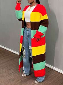 Slaydiva Áo len cardigan dệt kim sọc nhiều màu cỡ lớn cho nữ, khối màu - Nhiều màu - Xem 3