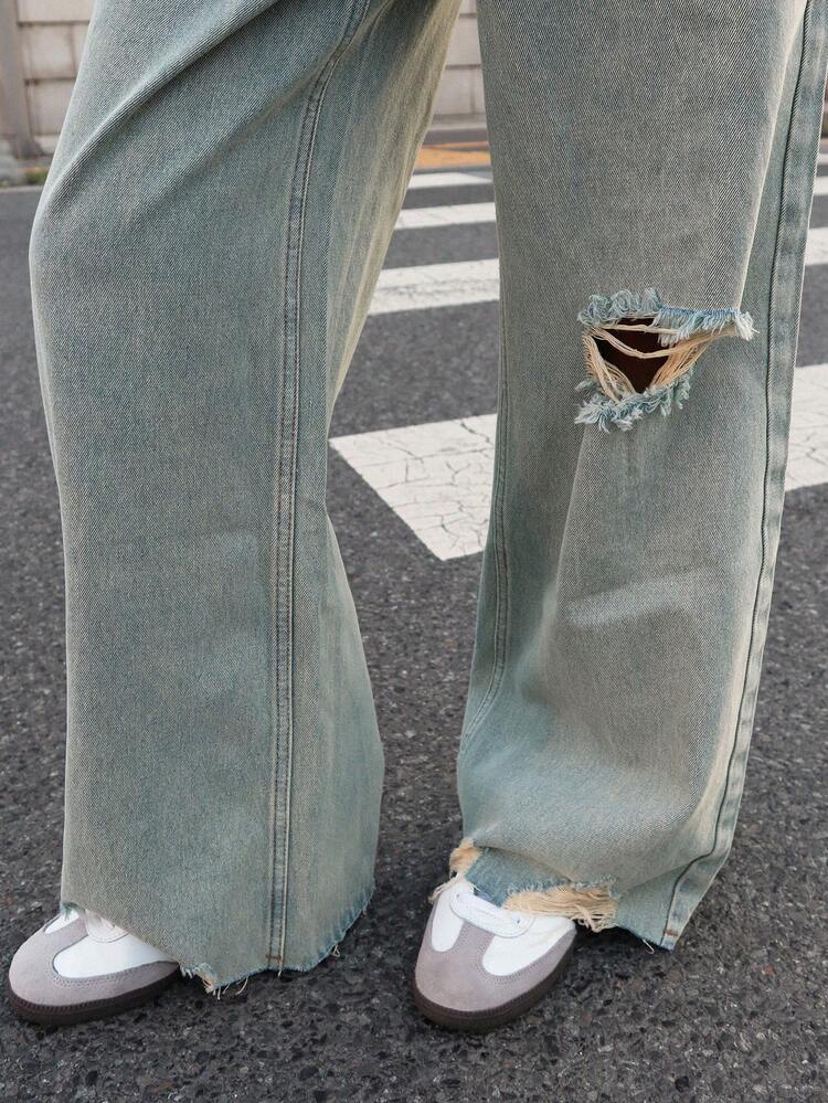 Women Vintage Distressed Pocket Wide Leg Jeans