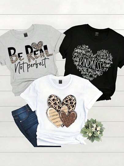 INAWLY Set de 3 camisetas de mujer de manga corta y cuello redondo con estampado de leopardo y corazón, camisetas gráficas de verano para mujer