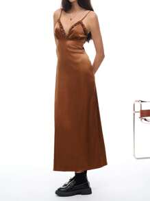 SHEIN EZwear Women's Summer Solid Color Frill Trim Maxi Slip Dress - Khaki - View 5