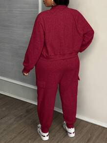 SHEIN Slayr 2pcs Plus Size Women Streetwear & Casual & Sports Solid Color Pullover Hoodie And Long Pants Set With Pockets, Autumn Winter - Burgundy - View 2