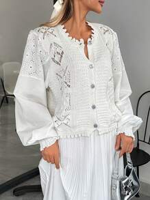 EURMUSE Casual Cute Texture Knit Hollow Out Crew Neck Cardigan Combined With Shiffli Embroidery Balloon Sleeve - White - View 1