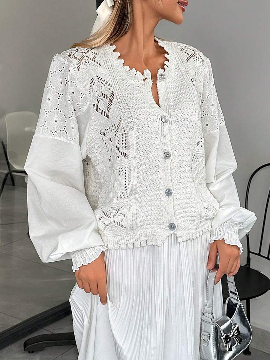EURMUSE Casual Cute Texture Knit Hollow Out Crew Neck Cardigan Combined With Shiffli Embroidery Balloon Sleeve - White - View 1