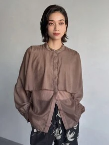 FRIFUL Camisa informal de un solo color marrón 2 en 1 para mujer, primavera y otoño - Marrón - Ver 7