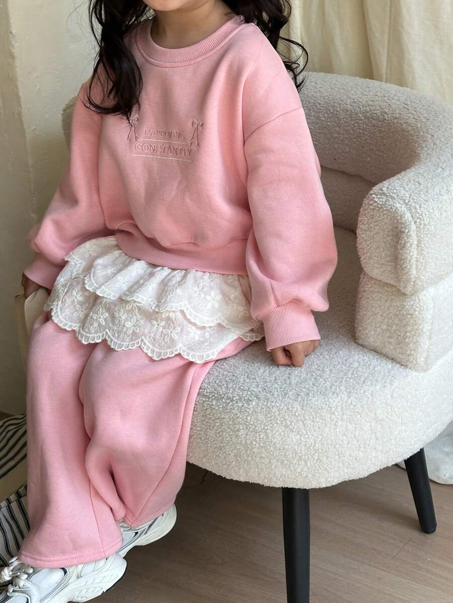 DAZY 2pcs Young Girl Crew Neck Knit Lace Patchwork Letter Embroidered Sweatshirt And Pants Set Fall,Winter - Pink - View 1