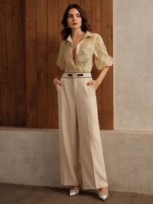 Anewsta Women's Elegant Puff Sleeve Decorative Flower Mallard Color Blouse Women Shirt