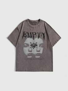 ROMWE Grunge Punk Oversized Dark Punk Font Misanthropy Double Face Print T-Shirt With Random Acid-Washed - Dusty Purple - View 1