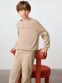 SHEIN 適合青少年男孩穿著的字母圖形保暖套衫和運動長褲 - 米色 - 查看 5