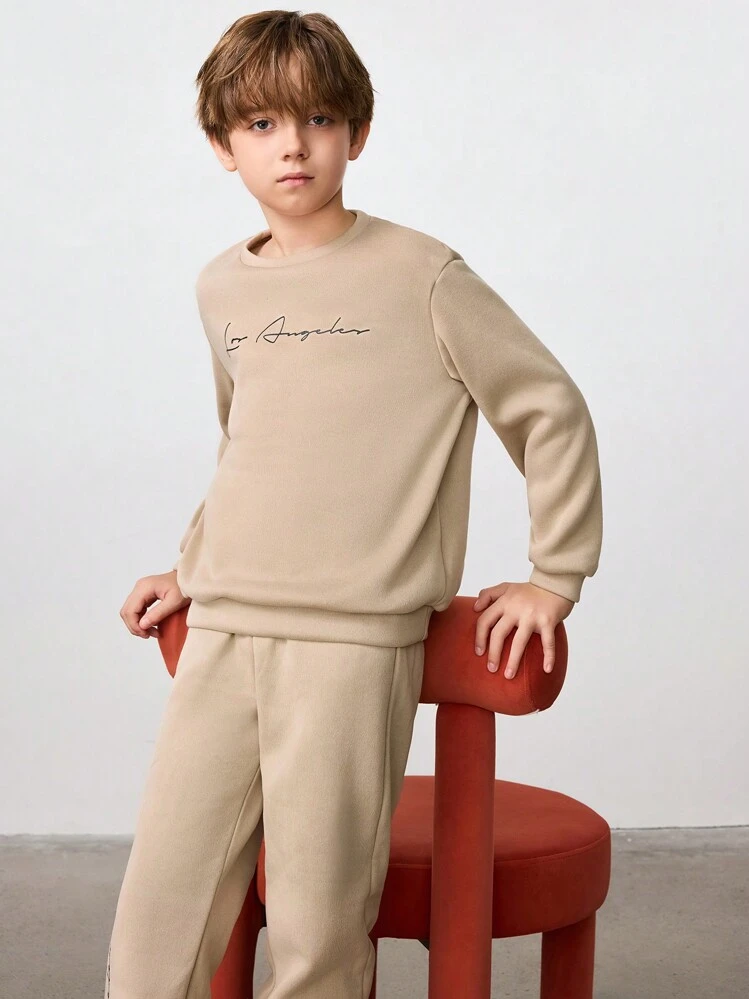 SHEIN Tween Boy Letter Graphic Thermal Pullover & Sweatpants - Beige - View 5