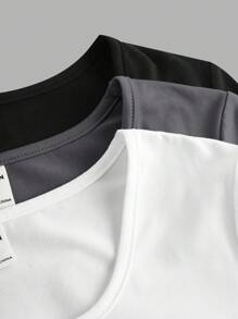 SHEIN 3pcs Tween Girls Casual Solid Color Crew Neck Short Sleeve Tops Set - Dark Grey - View 7