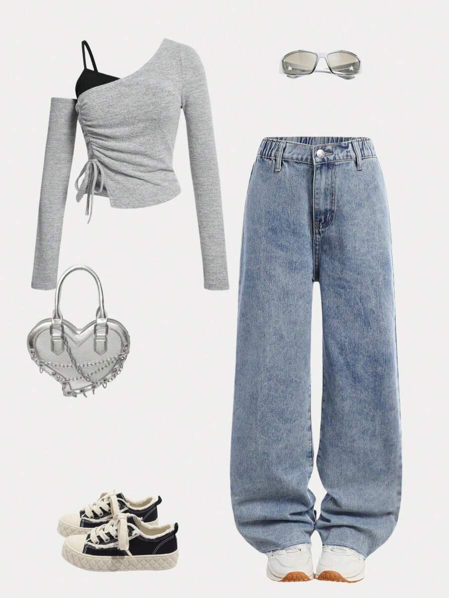 Tween Girl Casual Washed Floral Ruffle Design Wide-Leg Pants - Light Wash - View 1