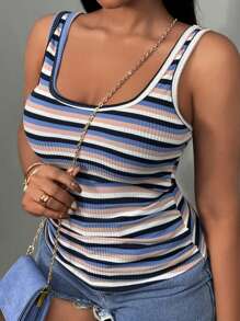 Slaydiva Áo ba lỗ nữ cổ chữ U không tay kẻ sọc dệt kim dệt kim mới cho kỳ nghỉ hè giản dị ở cả hai mặt - Nhiều màu - Xem 8