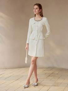 MOTF PREMIUM FLAP DETAIL SINGLE BREASTED PLACKET DRESS - White - View 1