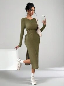 Chiquease Waist Hollow Drawstring Sexy Bodycon Textured Waffle Knit Long Sleeve Dress