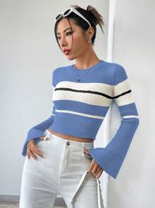 SHEIN Unity Women's Crew Neck Striped Print Contrast Color Long Sleeve Sweater - Blue - View 3