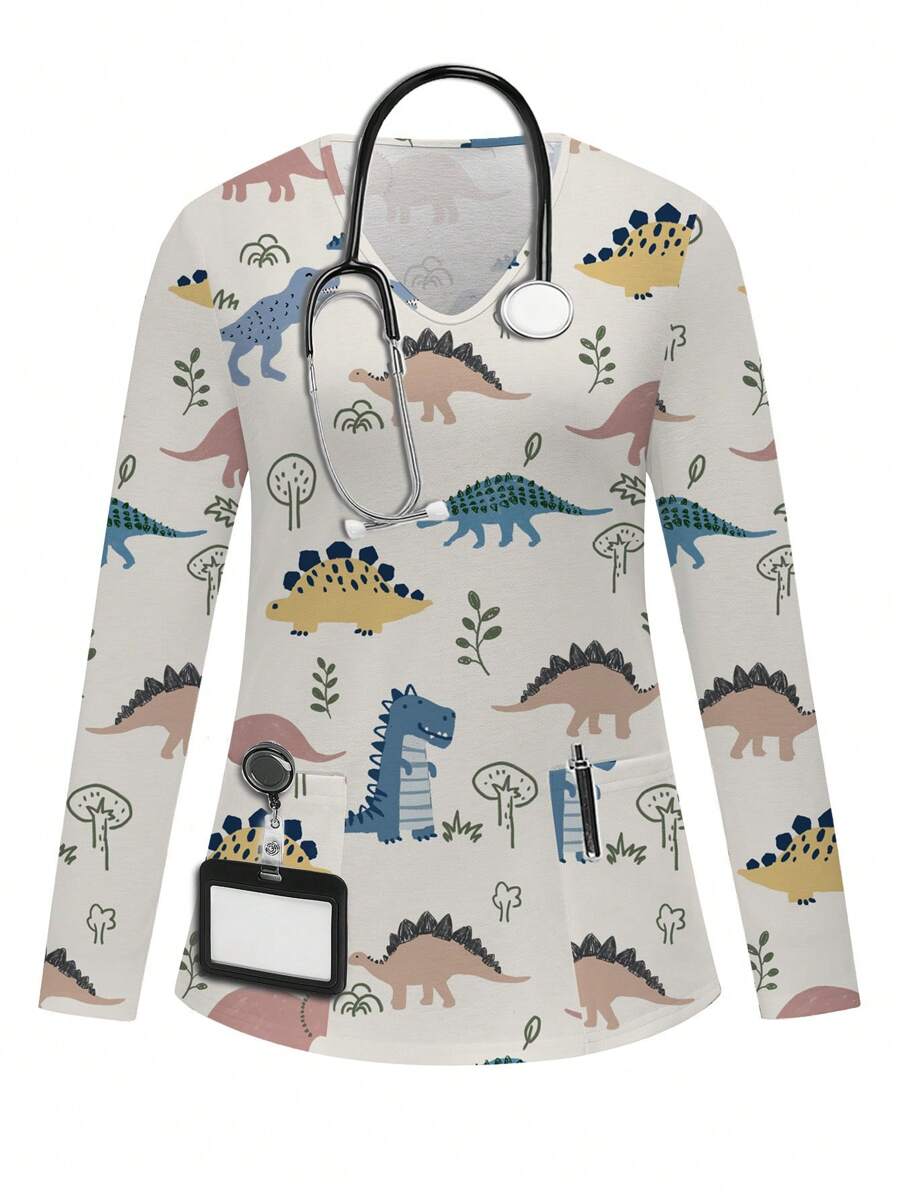 PopScrub V-Neck Cartoon Print Pocketed Long Sleeve Uniform Scrub Top - Multicolor - View 1