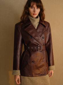 MOTF STUDIO LAPEL COLLAR BUCKLE BELTED PEA JACKET - Coffee Brown - View 4