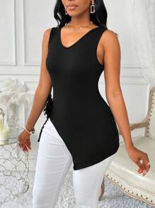 Zolique Tank Top Wanita Tanpa Lengan Leher V Warna Polos dengan Hem Asimetris - Hitam - View 4