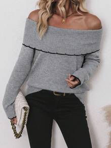 SHEIN LUNE Women's Black Off Shoulder Trim Knit Pullover Knit Pullover Fall Winter Outfit
