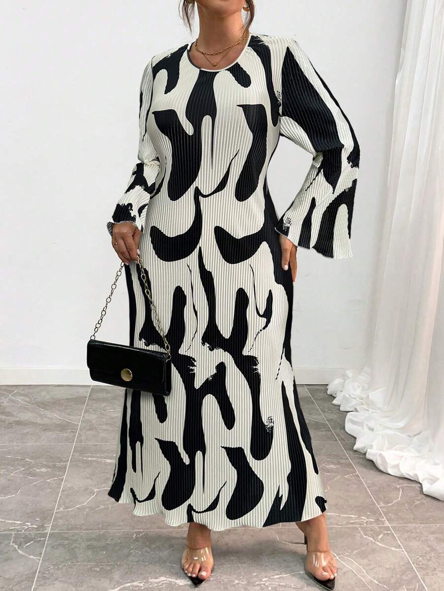 Elenzga Plus Size Women Geometric Print Ruched Flare Sleeve Long Elegant Dress, Spring Summer Maxi Women Outfit Fall Cloth For Women - Black and White - View 1