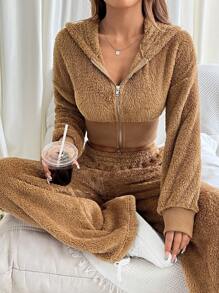 SHEIN EZwear 2 件套女士纯色羊毛前拉链连帽衫和裤子套装，秋冬 - 杏色 - 查看 4