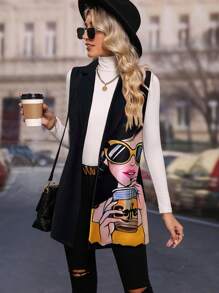 SHEIN Clasi Women's Casual Cartoon Character Printed Vest Jacket