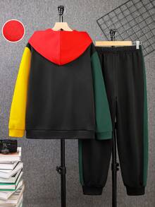 SHEIN Bộ áo hoodie và quần nỉ in chữ màu tương phản cho bé trai tuổi teen, dáng rộng, thu/đông - Nhiều màu - Xem 2