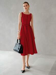 MOTF PREMIUM MIDI KLEID MIT KONTRASTPASPEL UND GEFALTETER RAFFUNG