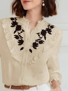 MOTF PREMIUM LINEN CONTRAST EMBROIDERY FLORAL SHIRRED FRILL MOCK NECK FLARE SLEEVE BLOUSE