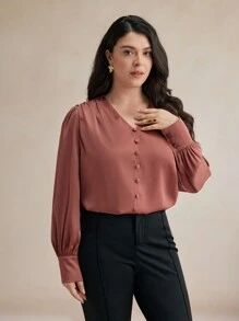 Maija Blusa informal de manga larga con botones delanteros, cuello en V y unicolor, para atuendos de mujer de talla grande en otoño e invierno