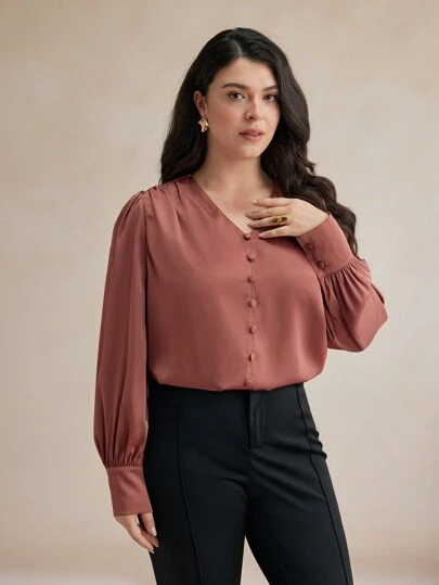 Maija Plus Size Solid Color Front Button Long Sleeve V-Neck Casual Blouse Spring To Summer Spring Valentine's Day Party Beach Wedding Vacation Elegant Women's Blouses Casual Blouse For Women Formal Attire For Women Office Wear Women Business