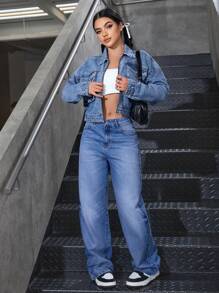 SHEIN EZwear Áo khoác denim giản dị tay dài thả vai mùa xuân/thu cho nữ - Rửa trung bình - Xem 6