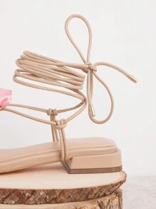 SHUZIA Nude Color&Lace-Up Back Rosette Sandals With Low Heels Spring Shoes Spring Break Easter